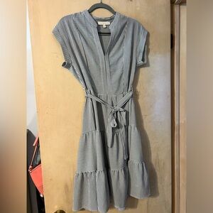 Striped short sleeve work dress with from tie